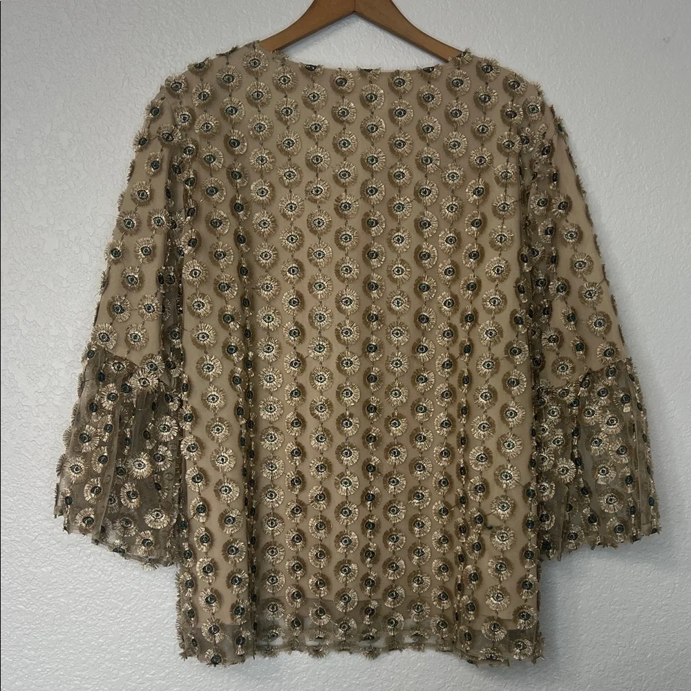 Calvin Klein Top Gold and Blue Overlay Gorgeous Bell Sleeve Special Occasion L - Picture 6 of 6